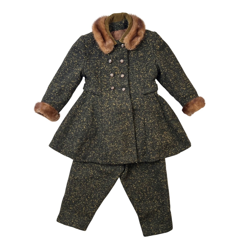 Vintage Handmade Kids Wool Tweed Coat and Pants Set Real‎ Fur Collar Trim 1960s